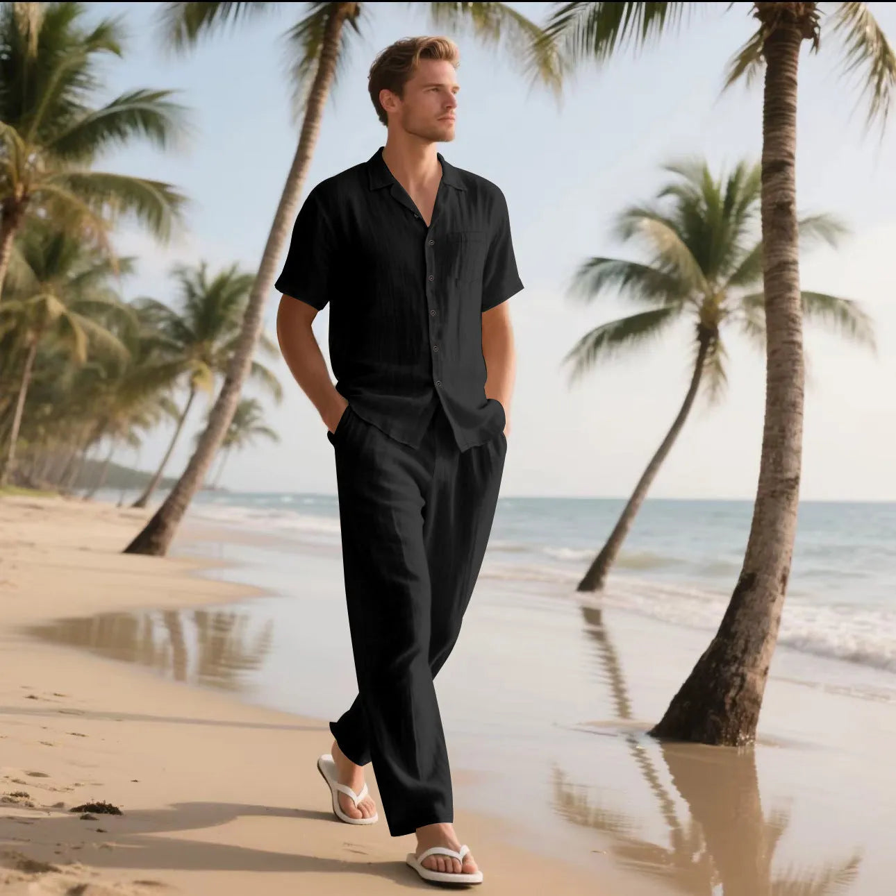 Casual linen blend button polo short sleeve trousers beach suit for men in multiple colours