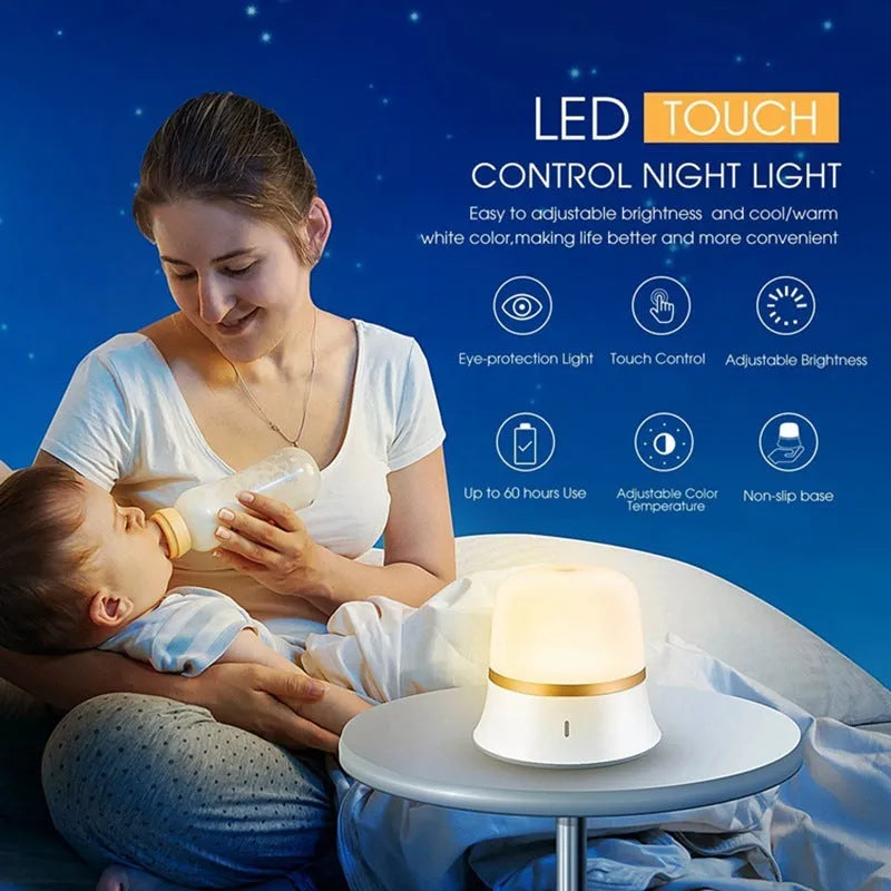 White touch-control bedside night light with RGB colour changing on a wooden table.