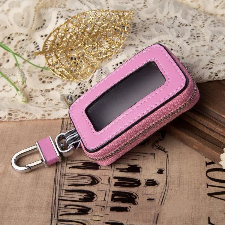 Genuine leather car key case in white, square vertical design, 8.3x5x2cm, plain weave texture