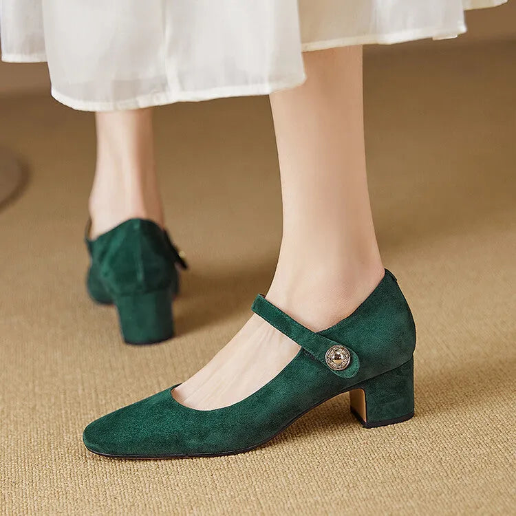 Women's Mary Jane chunky heel pumps in black suede with square toe and shallow mouth on a white background