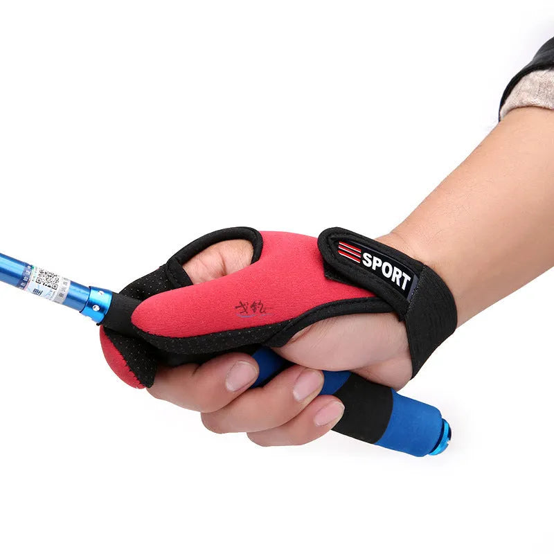 Two-finger fishing tackle glove for lure fishing in black colour showing diving cloth back and microfiber palm construction
