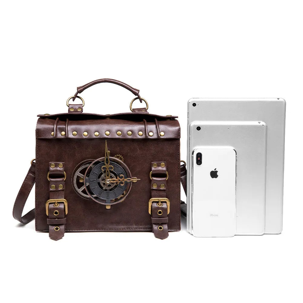 Bronze steampunk industrial retro shoulder bag with metal hardware on horizontal pillow shape