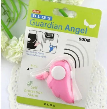 Blue personal security alarm with clip and pull pin on a grey handbag strap