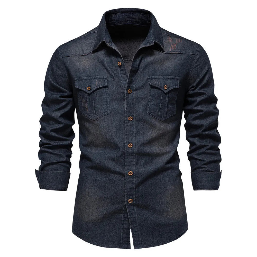 Men's long-sleeved denim shirt in solid colour, slim fit cotton button cardigan top