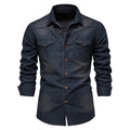 Men's long-sleeved denim shirt in solid colour, slim fit cotton button cardigan top