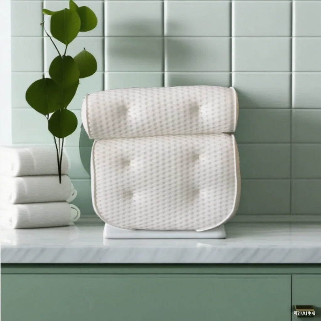 White bathtub pillow with 4D mesh fabric and 7 suction cups on a 3D material cover.