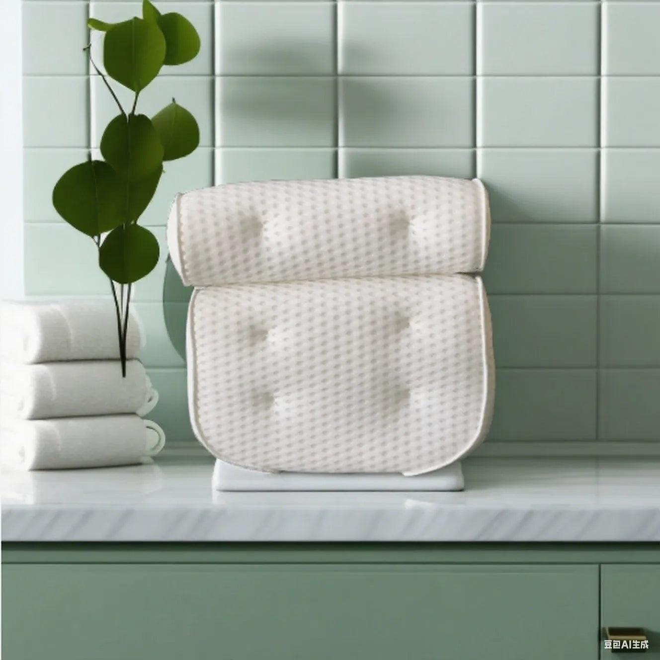 White bathtub pillow with 4D mesh fabric and 7 suction cups on a 3D material cover.