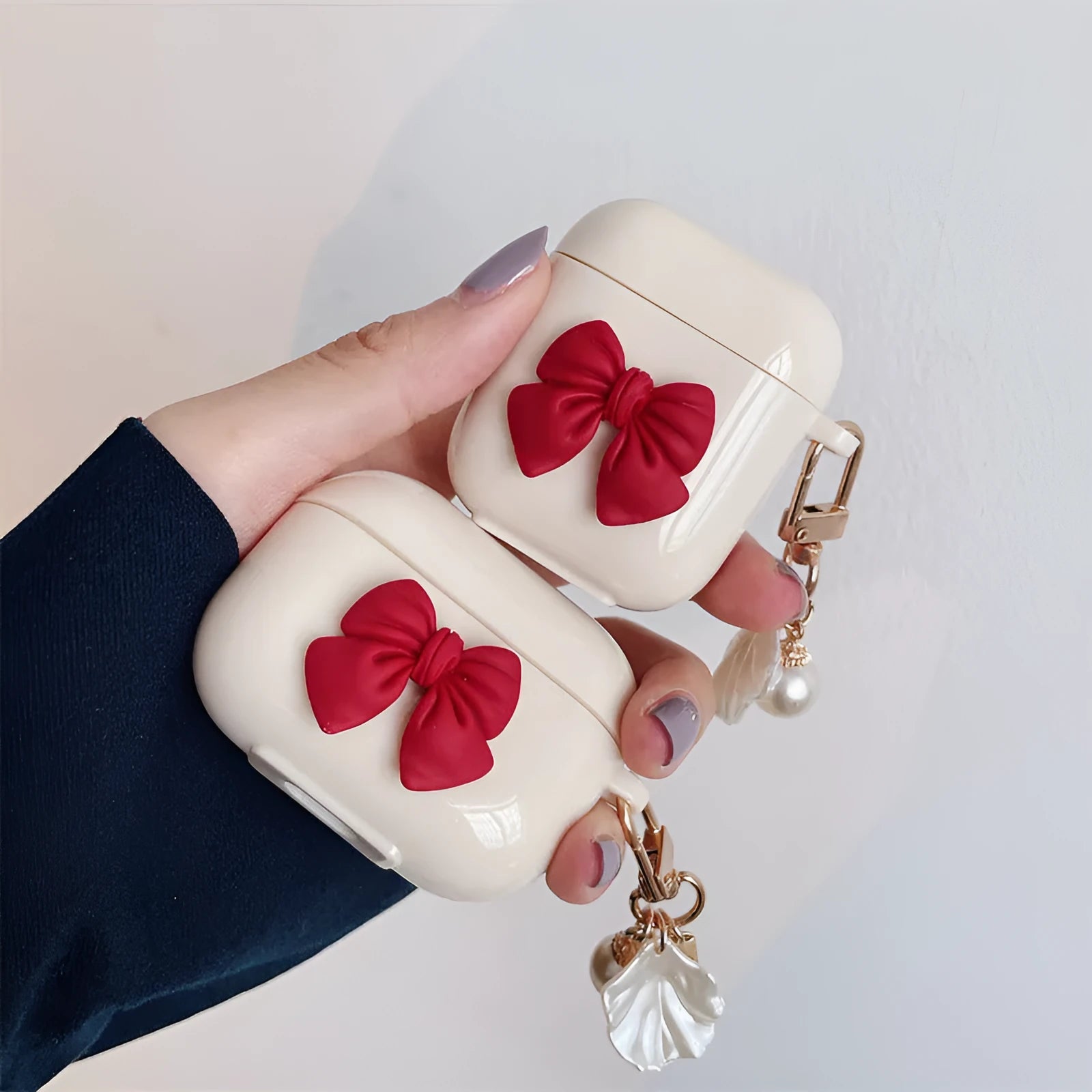 Beige red bow shell TPU case for AirPods Pro wireless earphones with clamshell design
