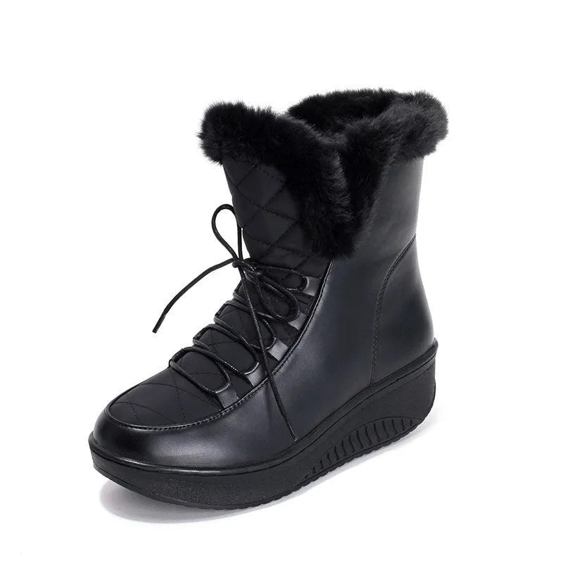 Women's winter boots with 3cm platform heel in black water-resistant PU leather with lace-up closure
