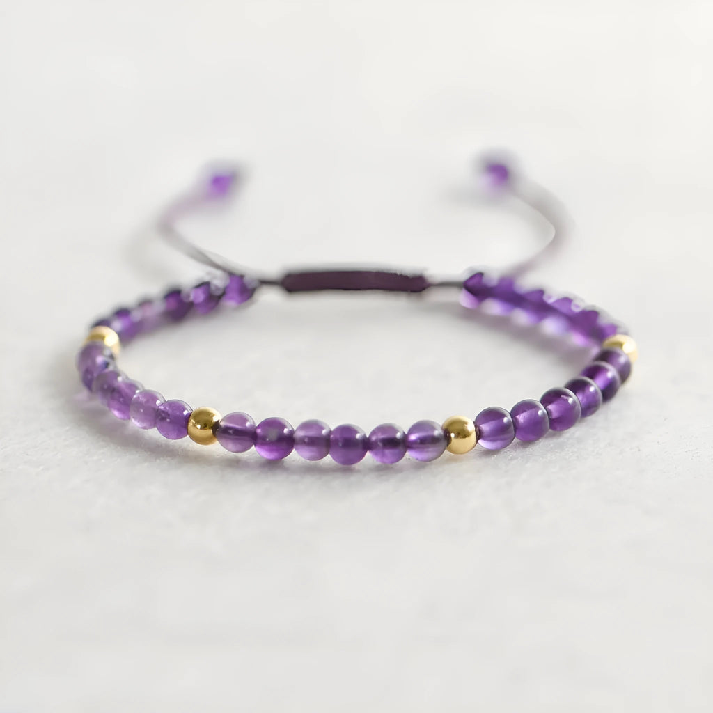 Handmade 4mm natural amethyst bracelet with 14K gold plating, purple crystal beads, unisex geometric design