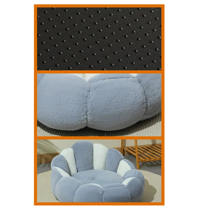 Grayish white cat kennel shell nest bed on floor with soft rabbit fur texture and PP cotton padding for small pets