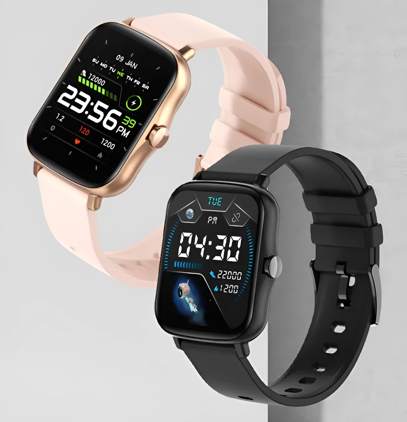Blue smart sports watch with 1.7-inch touchscreen display showing heart rate monitoring interface