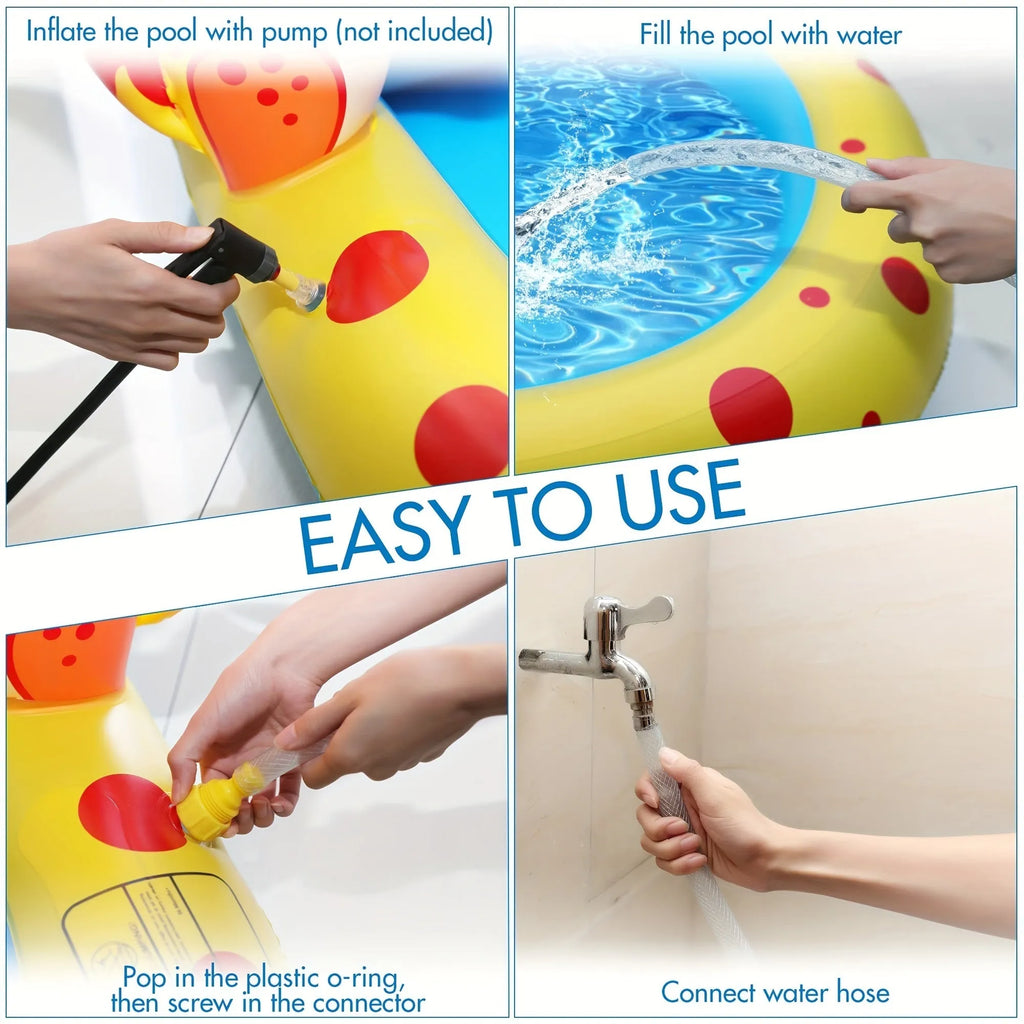 Blue inflatable dinosaur-shaped children's paddling pool with water spray play mat in a garden.