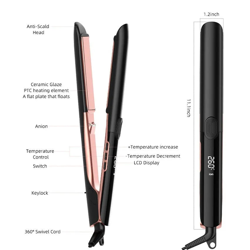 Hair straightener with anion technology and digital temperature display showing 207℃