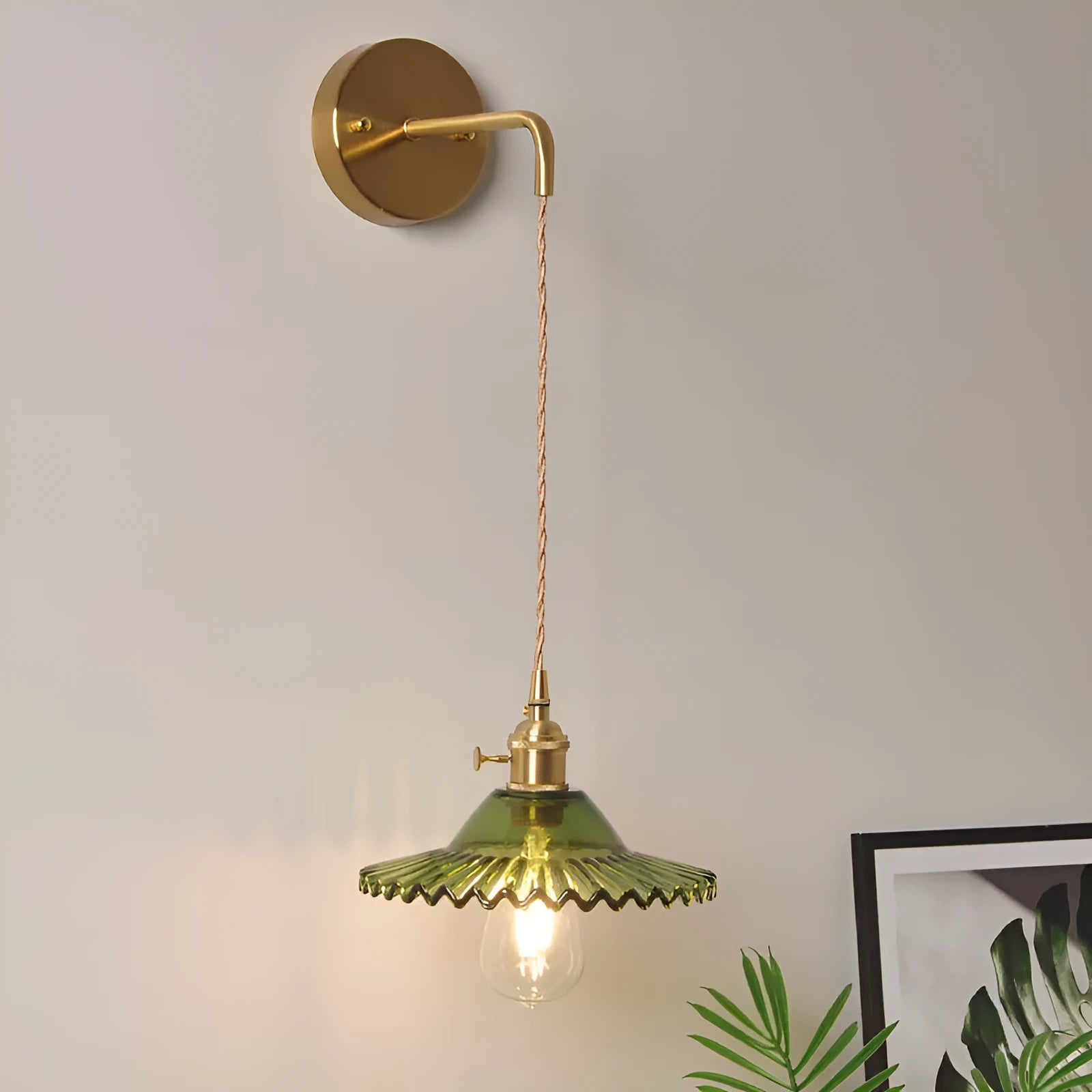 Copper retro wall lamp with a glass lotus shade in one of six colour options.