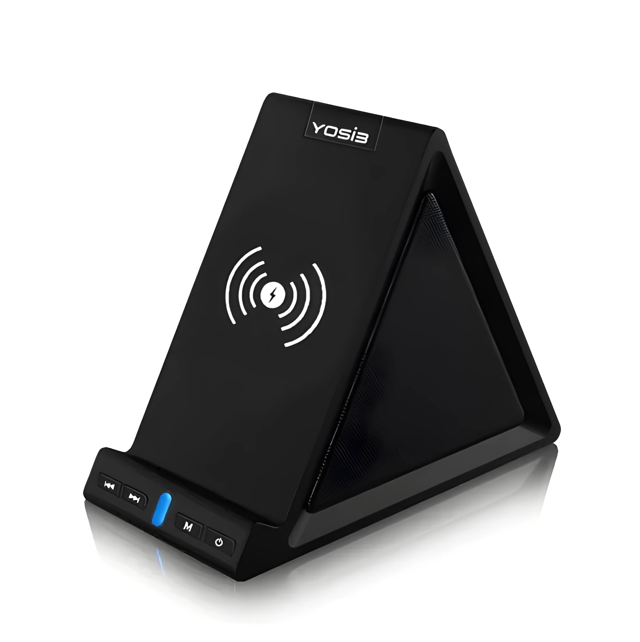 Black multifunctional Bluetooth speaker with integrated mobile phone stand and built-in 2000mAh power bank.