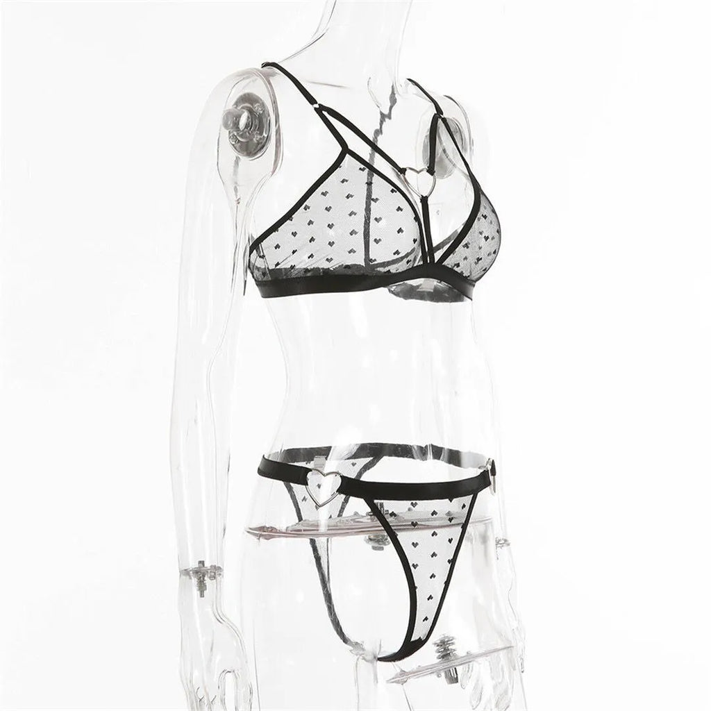 Ladies' black mesh two-piece set with top and pants, made from spandex fabric.