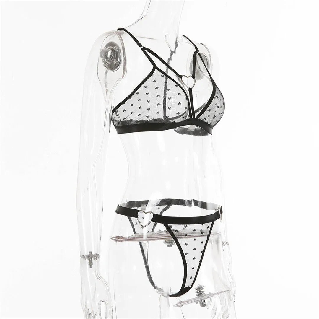 Ladies' black mesh two-piece set with top and pants, made from spandex fabric.