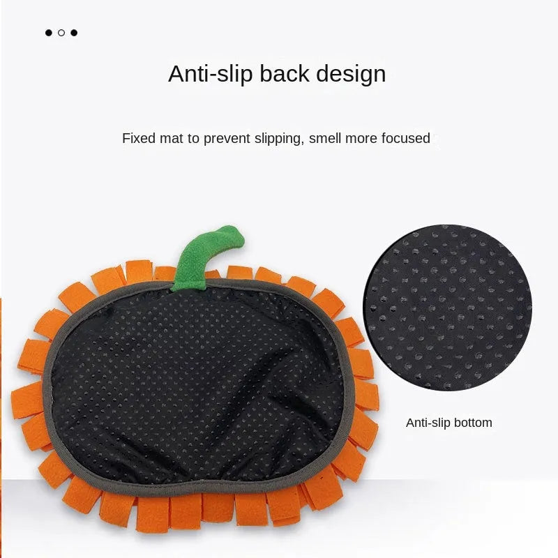 Orange pumpkin-shaped pet sniffing mat with soft fur fabric, 30cm diameter, on a wooden floor