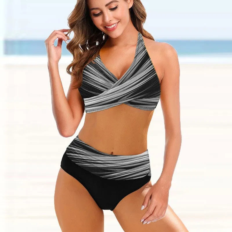 Women's striped tie-dye hollow out bikini swimsuit with high waist briefs.