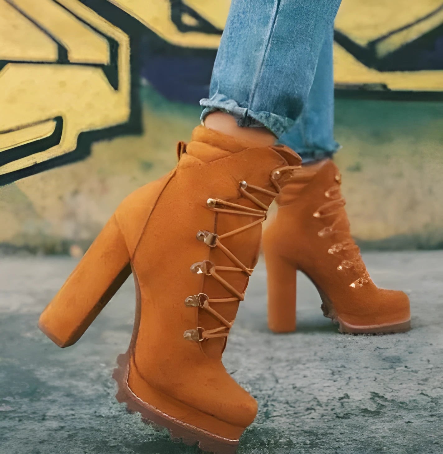 Women's suede high heel boots with round toe, thick heel, waterproof platform, and buckle detail.