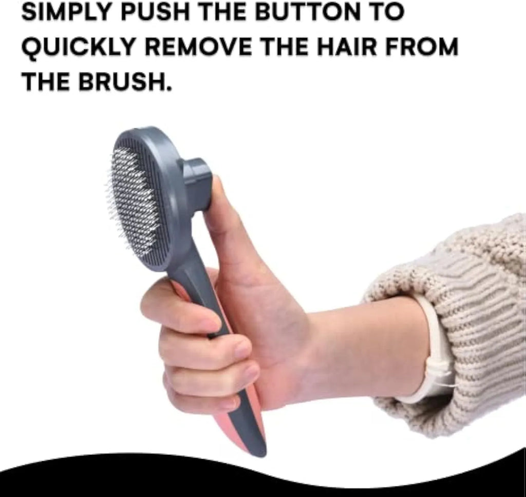 Grey self-cleaning slicker brush for grooming cats and dogs, showing comfort-grip handle and bristles.