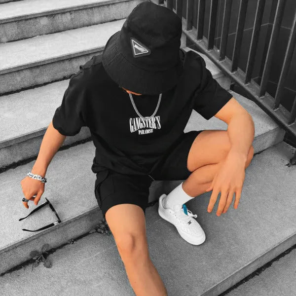 Men's black loose-fit letter print short-sleeve T-shirt imitation cotton fabric