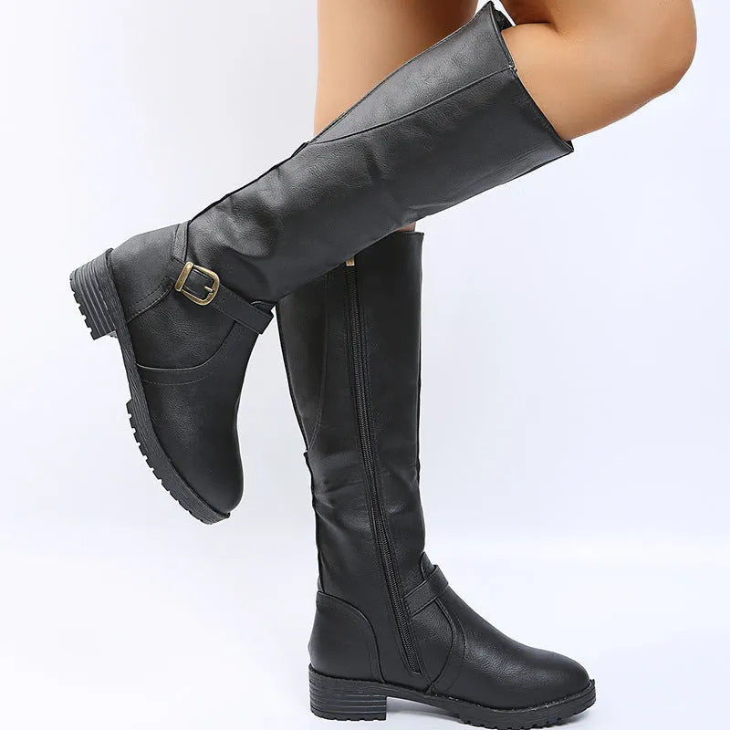 Women's square heel high boots in black, artificial PU upper, cotton lining, belt buckle detail, round toe