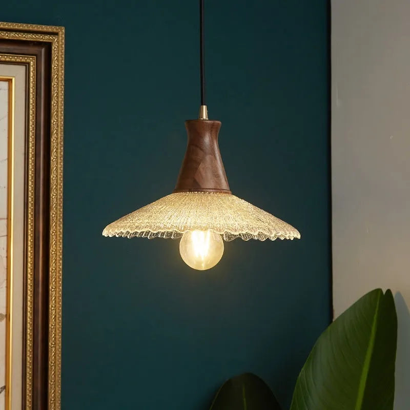 Woodcraft ceiling lamp with glass lampshade and brass electroplated finish in traditional design