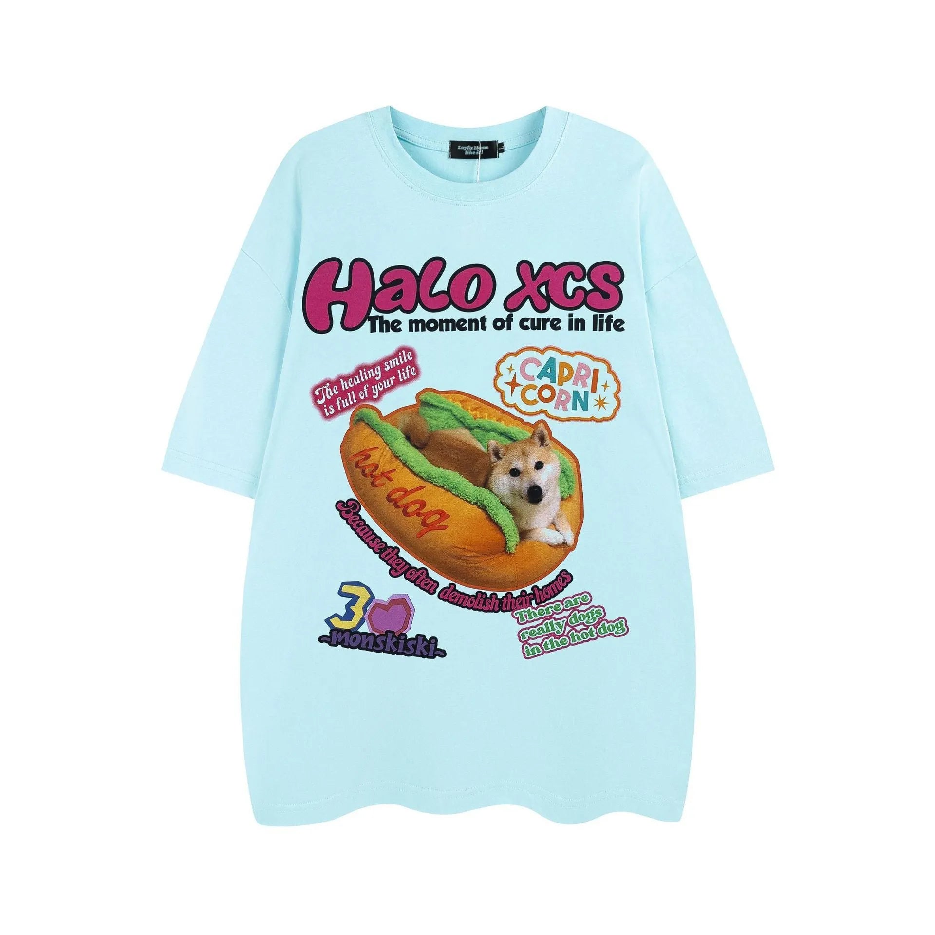 Cartoon hamburger dog printed couple's T-shirts in white, apricot and sky blue colours