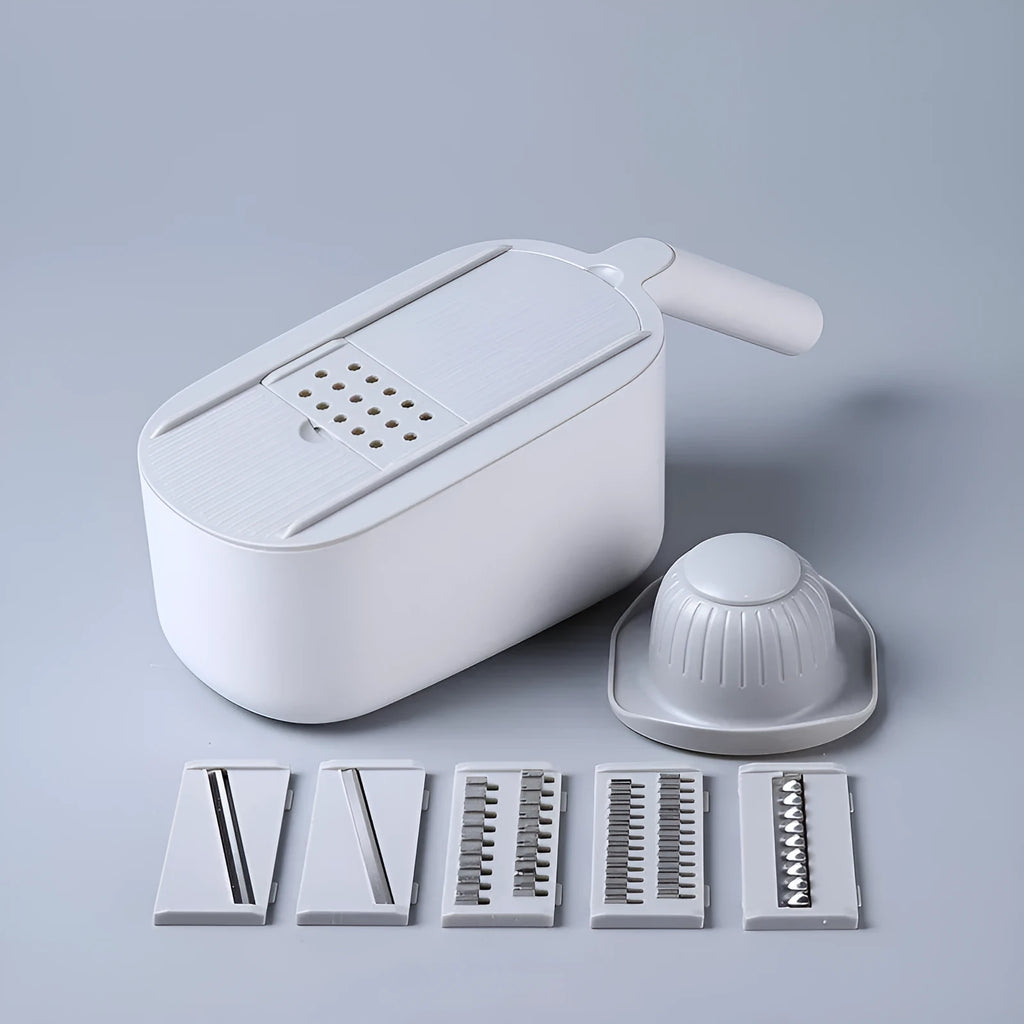 Multifunctional vegetable cutter with stainless steel blades in Nordic style, available in Blue, Grey, and Khaki colours