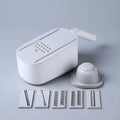 Multifunctional vegetable cutter with stainless steel blades in Nordic style, available in Blue, Grey, and Khaki colours