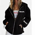 Women's loose fit grey zipper cardigan coat with letter print, polyester blend, Japanese Korean casual style