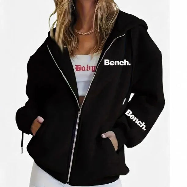 Women's loose fit grey zipper cardigan coat with letter print, polyester blend, Japanese Korean casual style