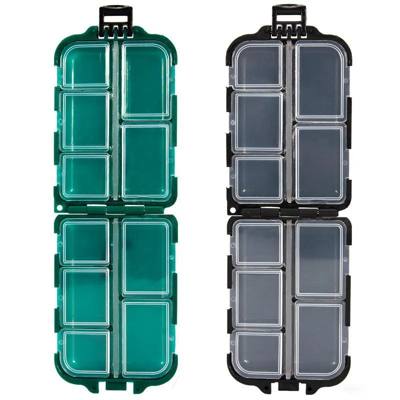 Small green plastic fishing tackle storage box with ten internal grid compartments, shown open.