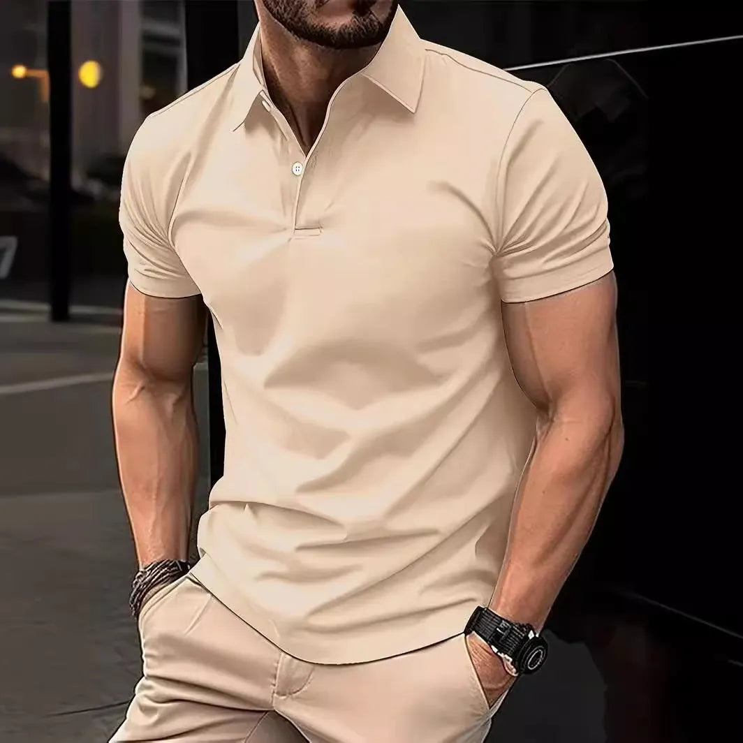 Men's slim fit casual short sleeve button shirt in a solid colour on a hanger.