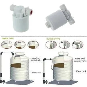 White nylon automatic float valve with threaded inlet for water level control in tanks and containers