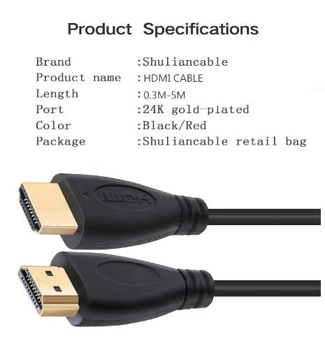 Gold plated HDMI cable with male connectors in multiple length options for 1080p HD video