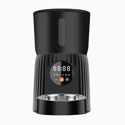 Black and white intelligent pet feeder with USB connection for automatic timed feeding