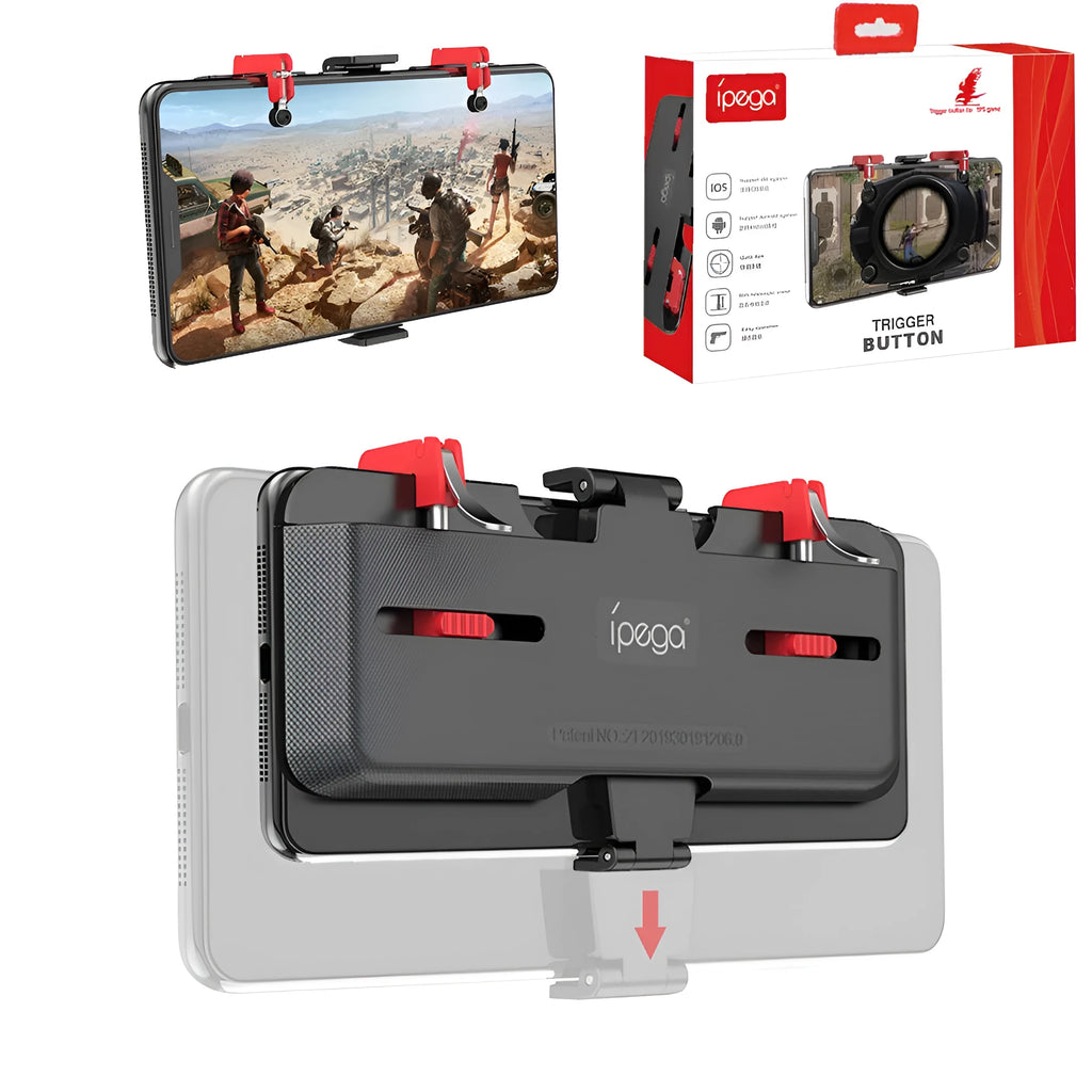 Black PUBG mobile gaming bracket with an extended trigger grip and telescopic phone fixing clip.
