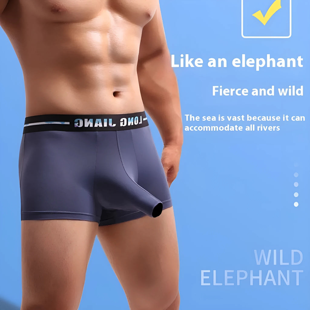 Men's Ice Silk thin boxers in mid-waist design showing colour options including army green and black.