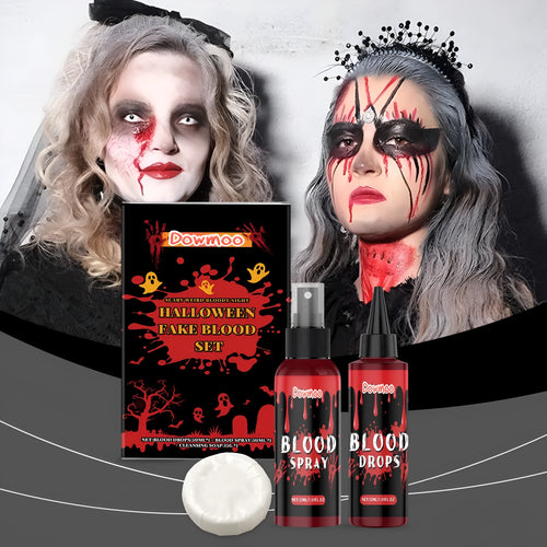 3-piece washable fake blood special effects makeup set with plasma drops, spray, and surface soap