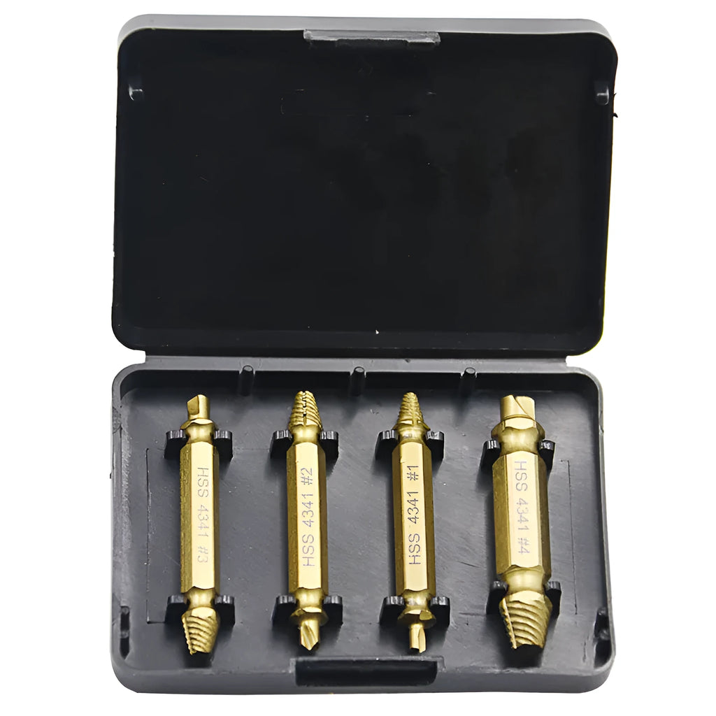 High-speed steel screw extractor set for removing damaged and rusted screws