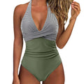 Women's multicolor backless lace-up Siamese swimsuit in green flower pattern high waisted