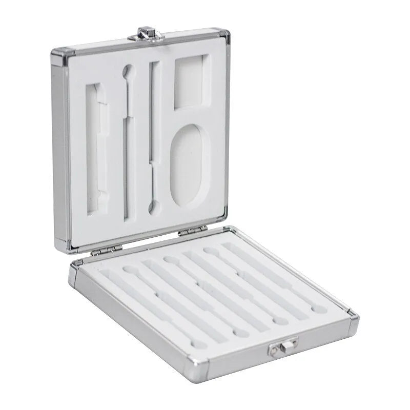 Silver aluminium storage box for TS100 soldering iron, 154x147x36mm, on a flat surface