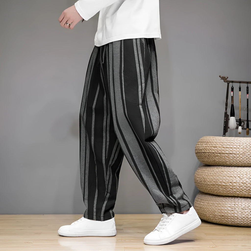 Bold stripes wide men's casual pants in navy blue, mid-waist polyester trousers for leisure