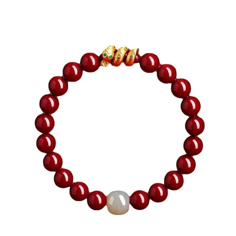 Handmade cinnabar Snake Year zodiac bracelet with Chinese style design and snake bead detailing