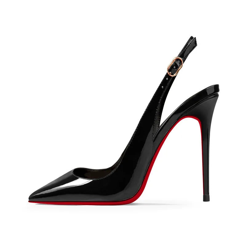 Women's black stiletto heel sandals with ankle-strap buckle, pointed toe, and 10cm heel on a black background