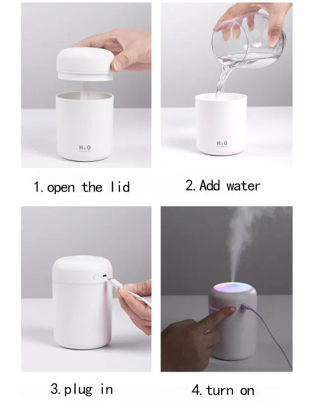 Ultrasonic aromatherapy essential oil diffuser with 300ml water tank and coloured night lights, compact for home or office use