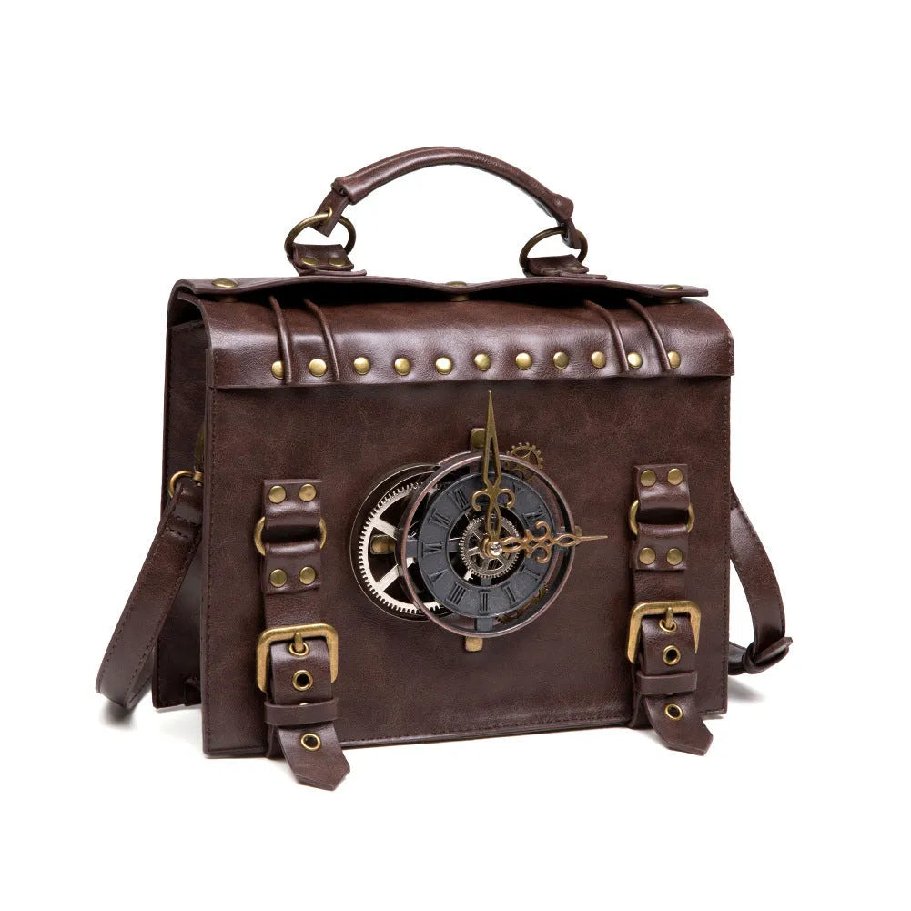 Bronze steampunk industrial retro shoulder bag with metal hardware on horizontal pillow shape